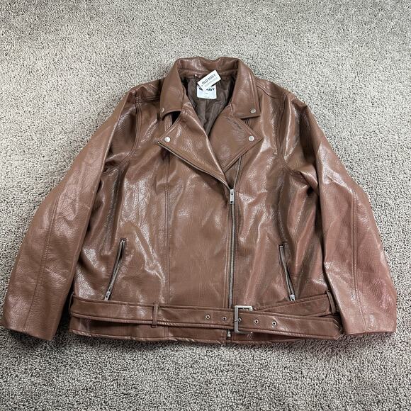 Old Navy Moto Jacket Womens XXL 2XL Brown Faux Leather Belted Biker Coat - Picture 1 of 11